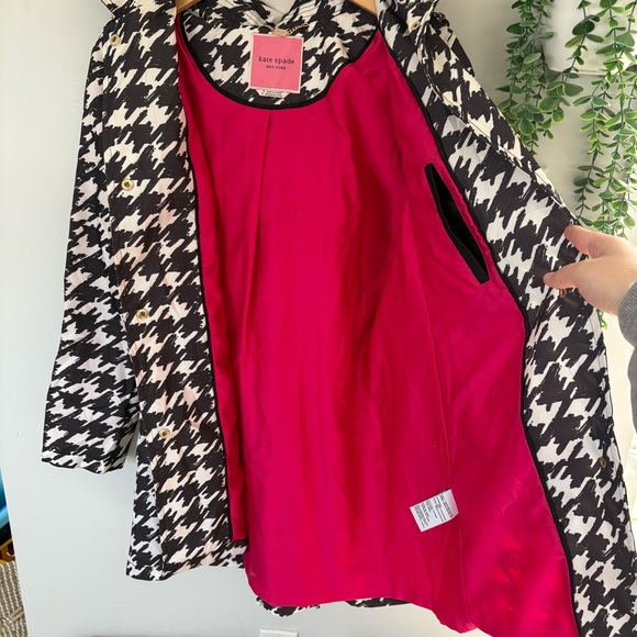 Kate Spade Houndstooth Raincoat Pink Lining Black White Trench Jacket Size Med - Picture 7 of 16